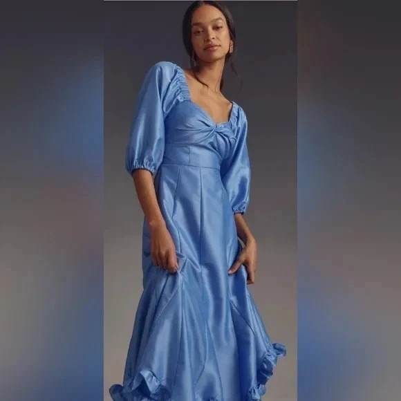Anthropologie Hutch Twist-Front Puff-Sleeve Ruffle-Hem Midi Dress Sky Blue XS - Picture 2 of 13